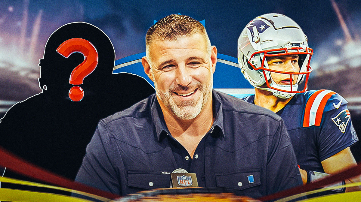 New England Patriots head coach Mike Vrabel with QB Drake Maye and a silhouette of an American football player with a big question mark emoji inside. There is also a logo for the 2025 NFL Draft.