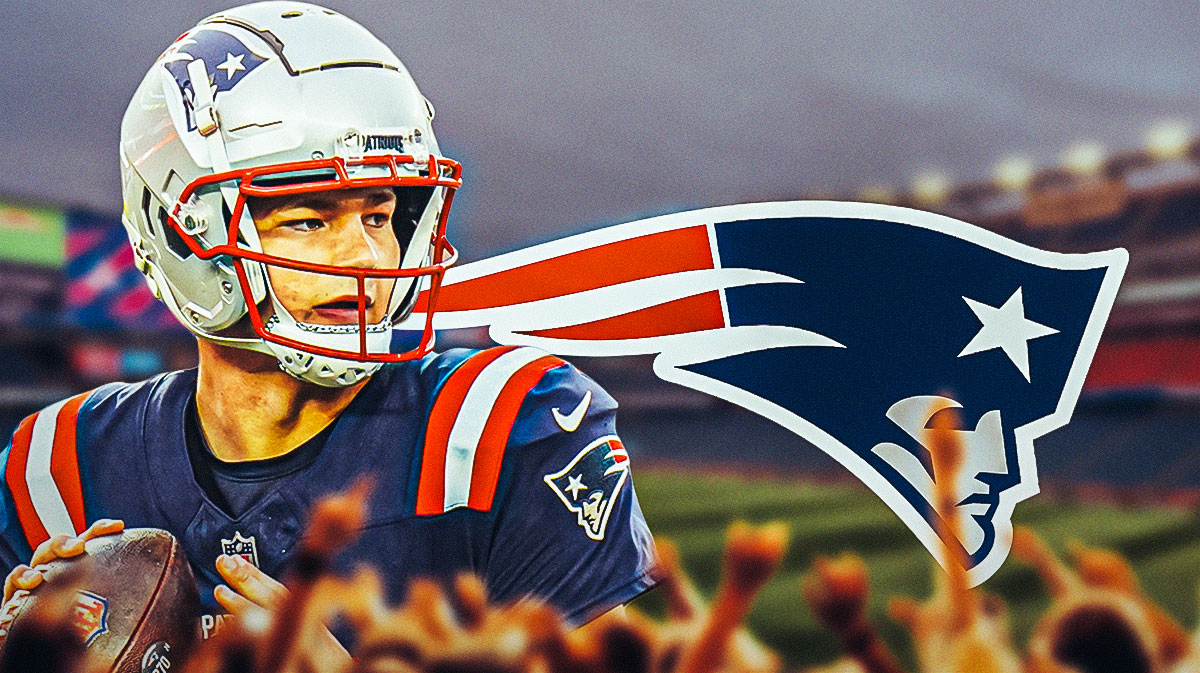 Patriots QB Drake Maye, Gillette Stadium behind him