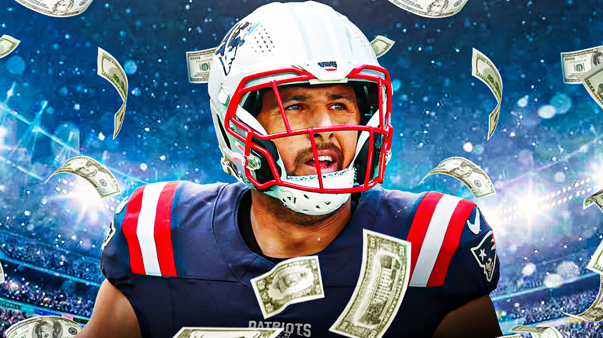 Austin Hooper in a Patriots uniform with money falling down