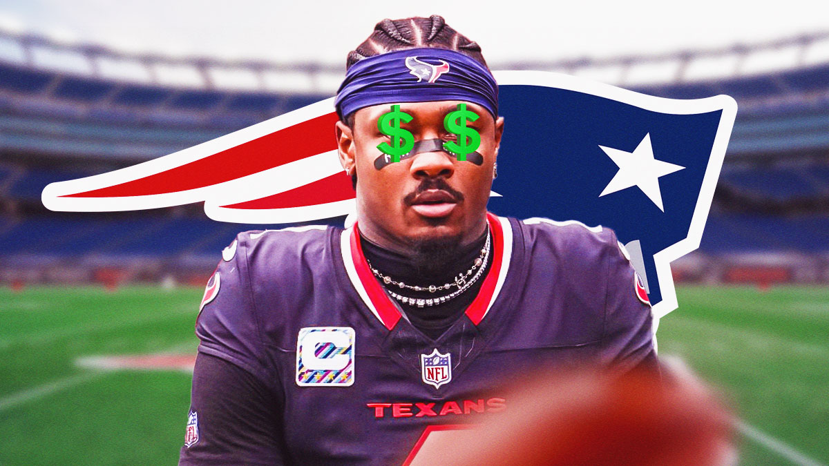 Stefon Diggs with dollar signs on eyes and New England Patriots logo in the background
