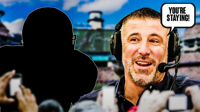 Mike Vrabel on one side with a speech bubble that says "You're staying!" a silhouette of Christian Elliss on the other side