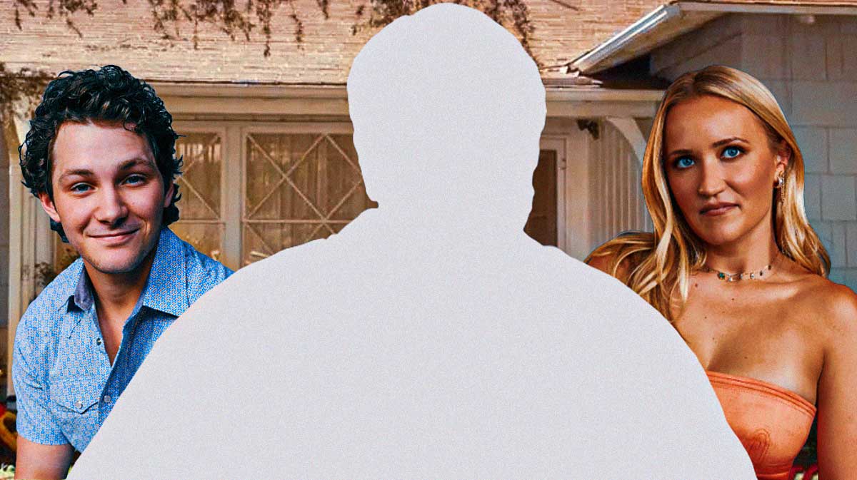 Dead Young Sheldon character George Sr (Lance Barber) in between Georgie & Mandy's First Marriage stars Montana Jordan and Emily Osment in front of the Cooper's house.