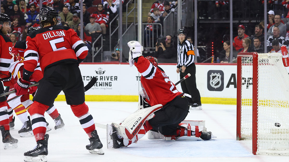 Calgary Flames left wing Jonathan Huberdeau (10) (not pictured) scores a goal on New Jersey Devils goaltender Jacob Markstrom (25) during the third period at Prudential Center. 