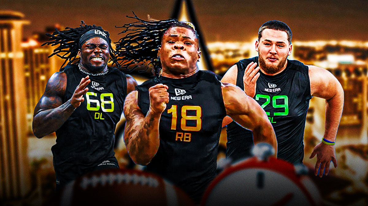 Shemar Stewart, Wyatt Milum, Quinshon Judkins beside each other, New Orleans Saints wallpaper in the background