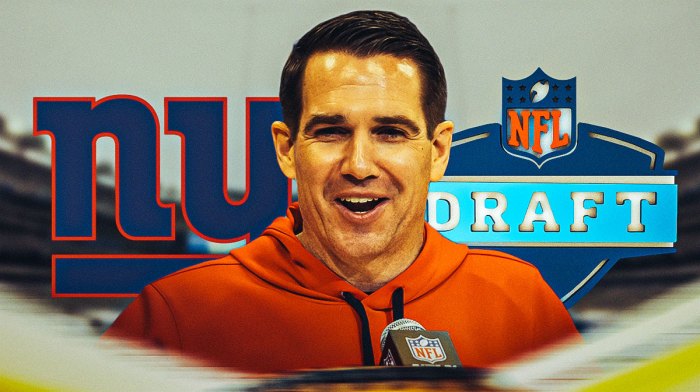 Giants Joe Schoen with New York Giants logo and 2025 NFL Draft logo behind him in free agency