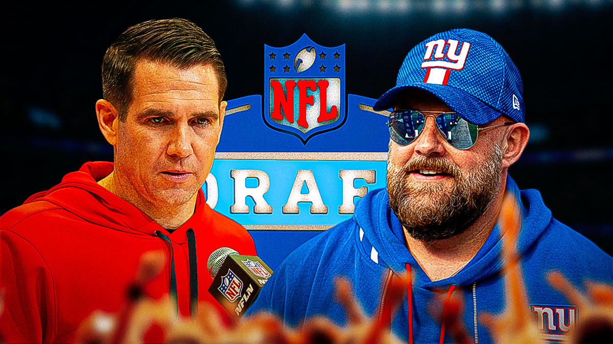 Joe Schoen, Brian Daboll. NFL Draft logo. Metlife Stadium with Giants fans in the background.