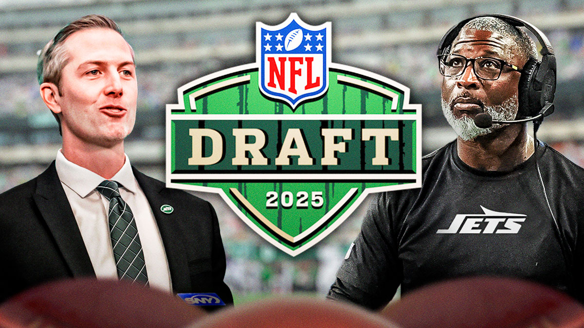 Darren Mougey and Aaron Glenn smile next to 2025 NFL Draft logo