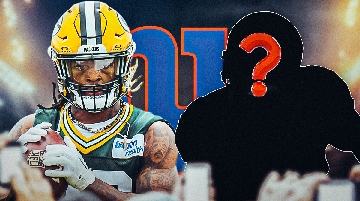 Packers safety Xavier McKinney next to a silhouette of an American football player with a big question mark emoji inside. There is also a logo for the New York Giants.