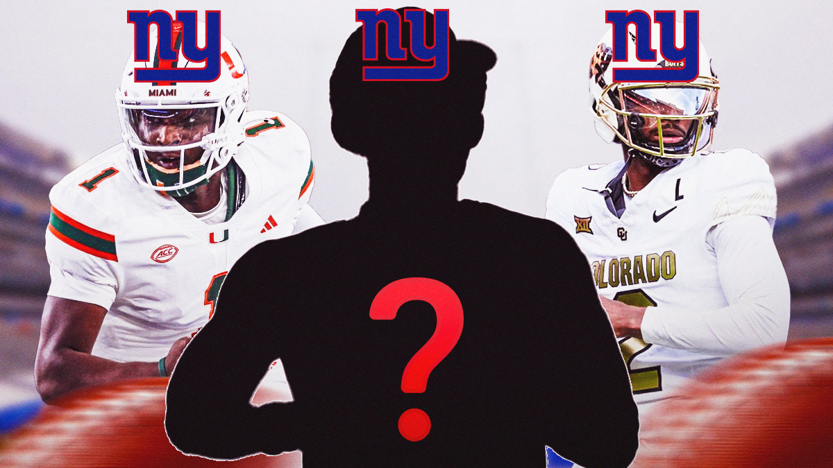Cam Ward on the left. Shedeur Sanders on the right. A silhouette quarterback in the middle with a red question mark on it. New York Giants logo above all three of them