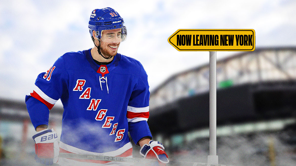 Rangers forward Reilly Smith on the left, a street sign that says "Now leaving New York" on the right