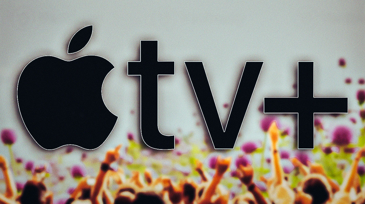 Apple TV+ logo in front of springtime background to represnt April.