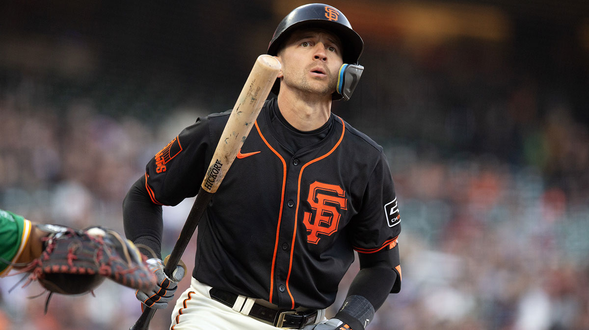 San Francisco Giants shortstop Nick Ahmed (40) reacts to a strike call during the third inning against the Oakland Athletics at Oracle Park.