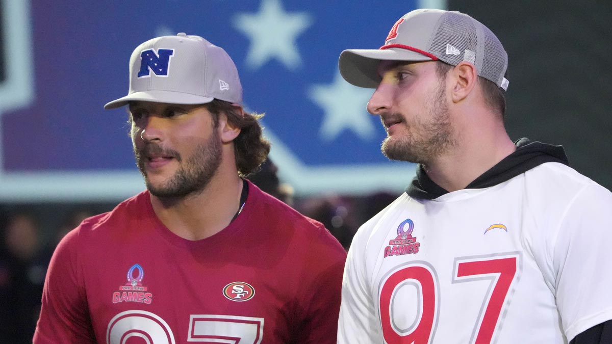 NFC defensive end Nick Bosa of the San Francisco 49ers (left) with brother and AFC linebacker Joey Bosa during the Pro Bowl Skills Challenge at Nicholson Fieldhouse.