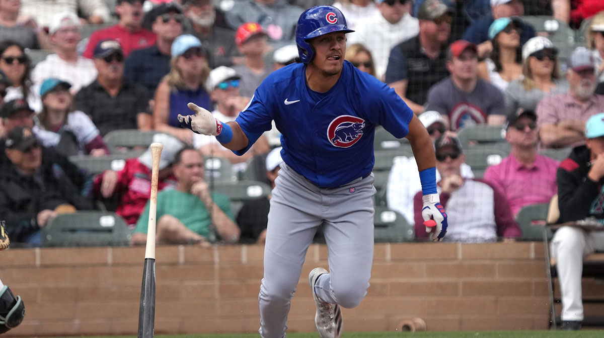 Chicago Cubs second baseman Nicky Lopez hits a double against the Arizona Diamondbacks in the second inning at Salt River Fields at Talking Stick.