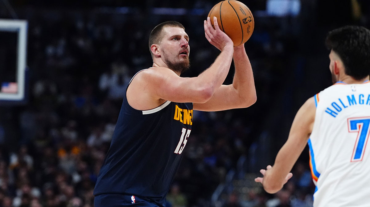 Denver Nuggets Center Nikola Jokic (15) is prepared to shoot the ball in the second half against Oklahoma City Thunder at Balli Arena. Obligatory