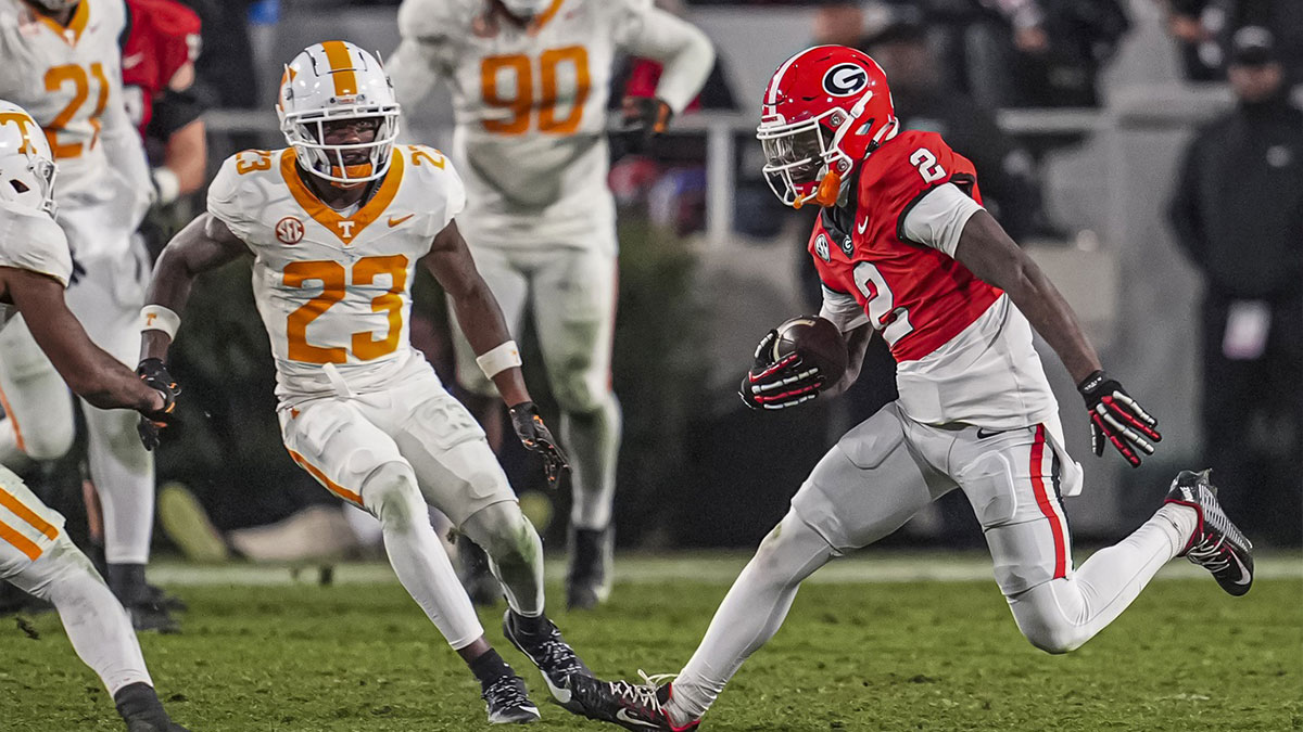 Nov 16, 2024; Athens, Georgia, USA; Georgia Bulldogs wide receiver Nitro Tuggle (2) runs after a catch against the Tennessee Volunteers during the second half at Sanford Stadium. Mandatory Credit: Dale Zanine-Imagn Images