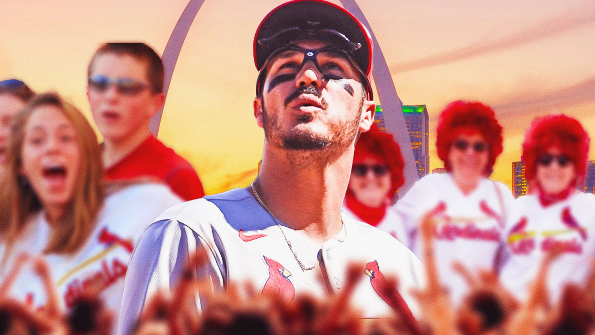 Nolan Arenado (Cardinals) with St. Louis skyline and Cardinals fans behind him