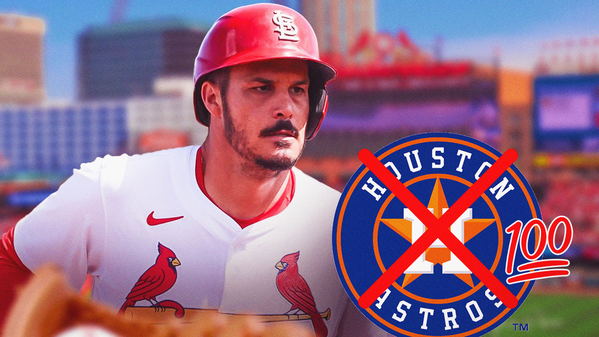 Nolan Arenado in a St. Louis Cardinals uniform next to a Houston Astros logo with a big red X through it and 100 emojis as arenado is happy with the cardinals.