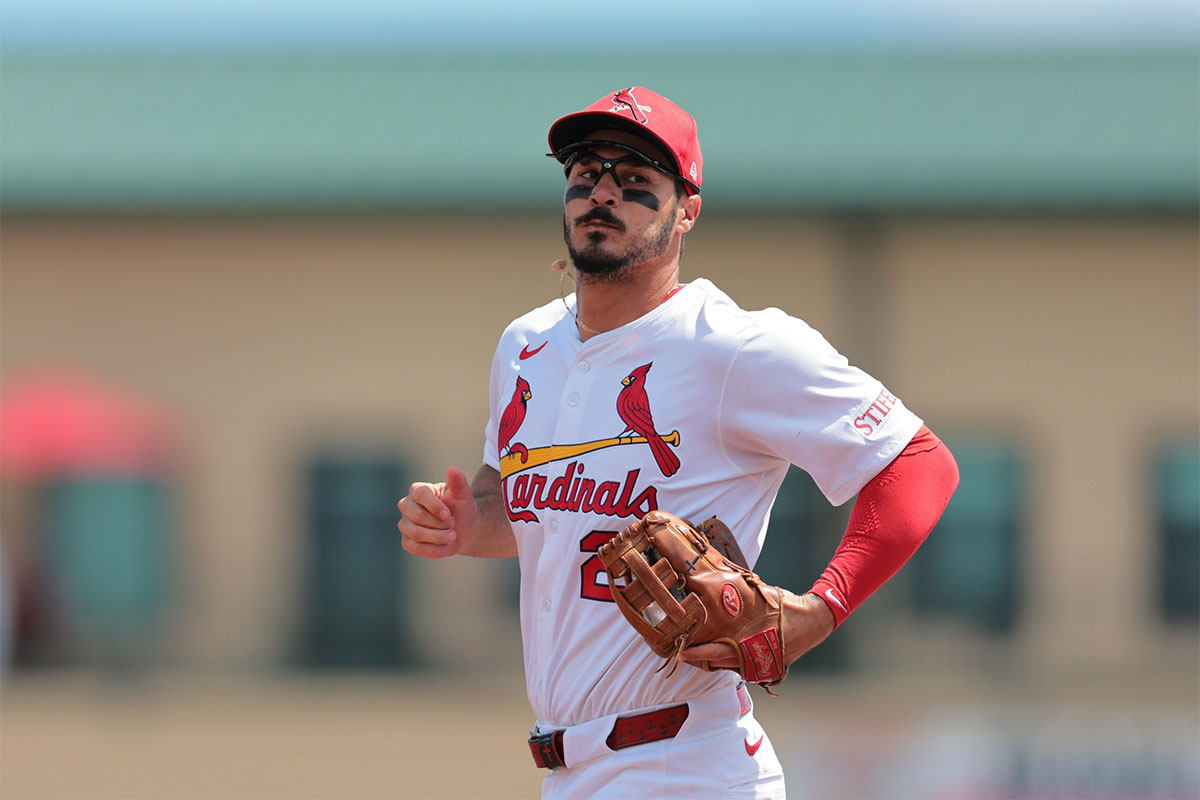 St. Louis Cardinals third baseman Nolan Arenado (28) looks on from the field against the Toronto Blue Jays during the first inning at Roger Dean Chevrolet Stadium.