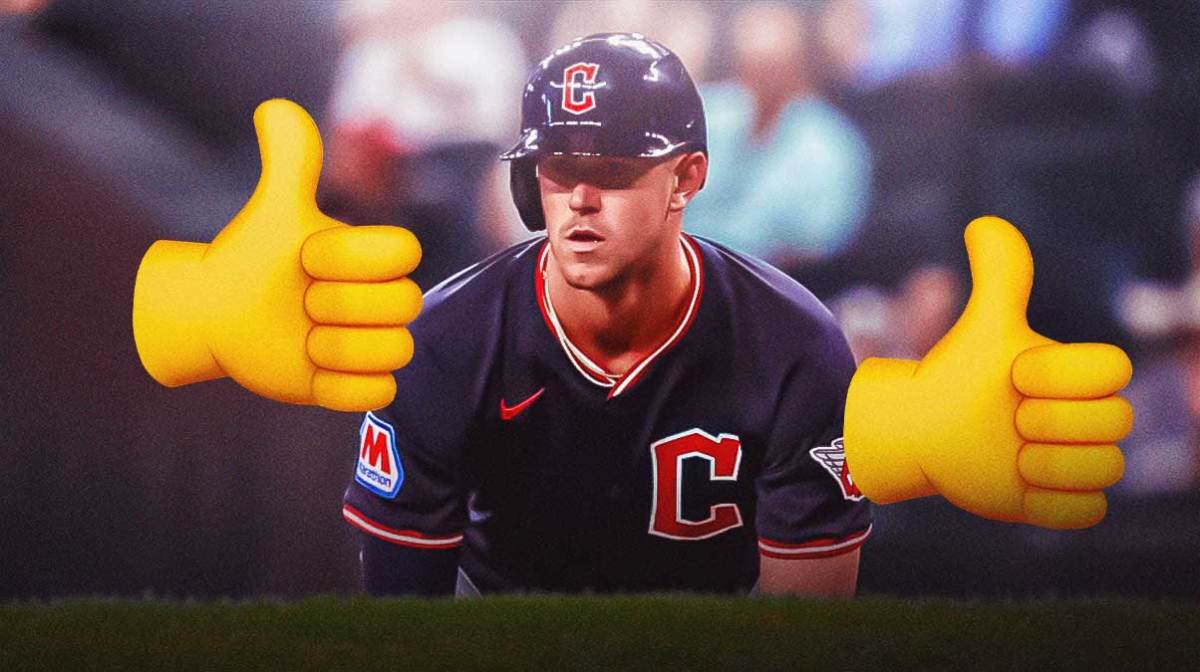 Guardians’ Nolan Jones in a Guardians uniform with a thumbs up emoji