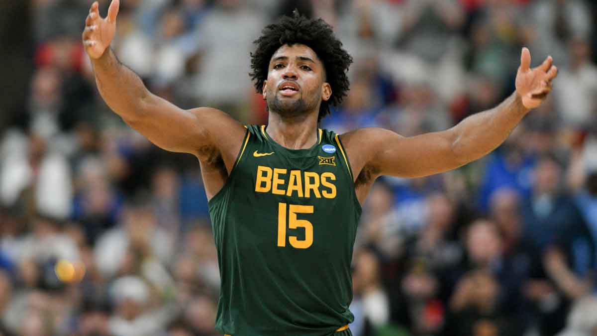 Baylor Bears forward Norchad Omier (15) reacts during the second half against the Mississippi State Bulldogs in the first round of the NCAA Tournament at Lenovo Center.