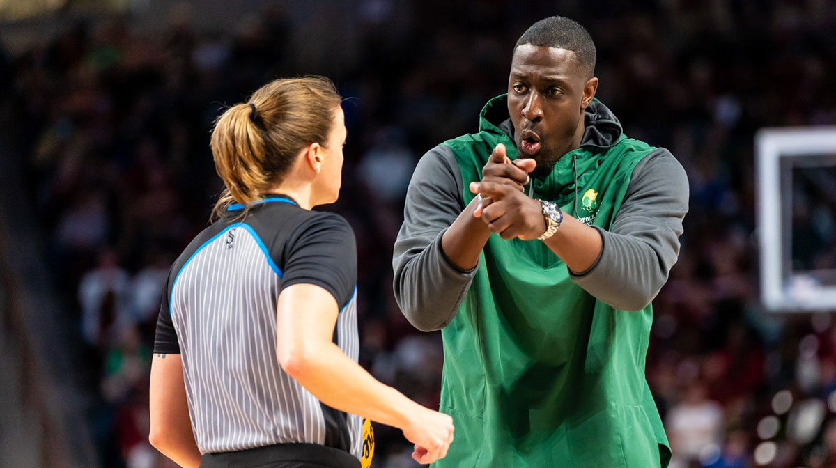 Norfolk State Spartans head coach Larry Vickers disputes a call against the South Carolina Gamecocks in the first half in the first round of the 2023 NCAA Division 1 women s basketball tournament.