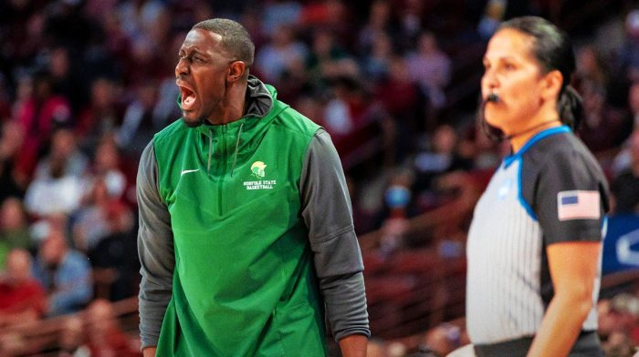 ; Norfolk State Spartans head coach Larry Vickers disputes a call against the South Carolina Gamecocks i