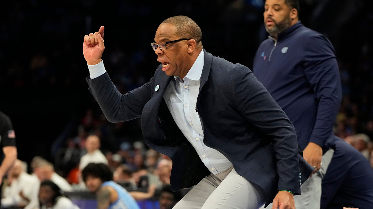 North Carolina Tar Heels head coach Hubert Davis reacts in the first half at Spectrum Center.