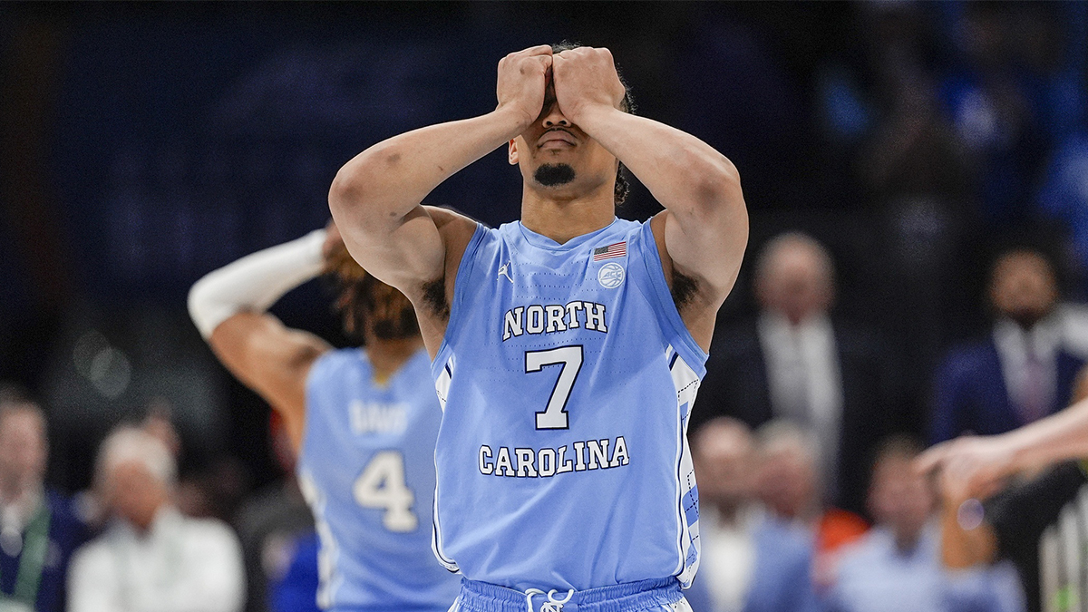 North Carolina Tar Heels guard Seth Trimble (7) reacts to a missed opportunity later during the second half against the Duke Blue Devils at Spectrum Center. Mandatory Credit: Jim Dedmon-Imagn Images