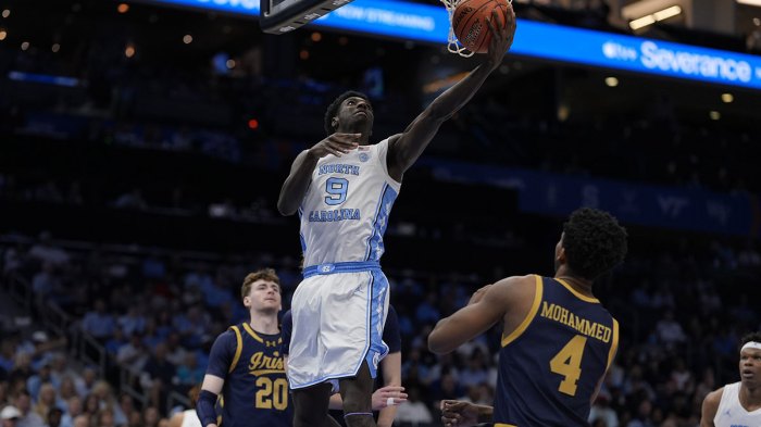 North Carolina Tar Heels guard Drake Powell (9) with a layup in front of Notre Dame Fighting Irish guard Sir Mohammed (4) during the second half at Spectrum Center. Mandatory Credit: Jim Dedmon-Imagn Images