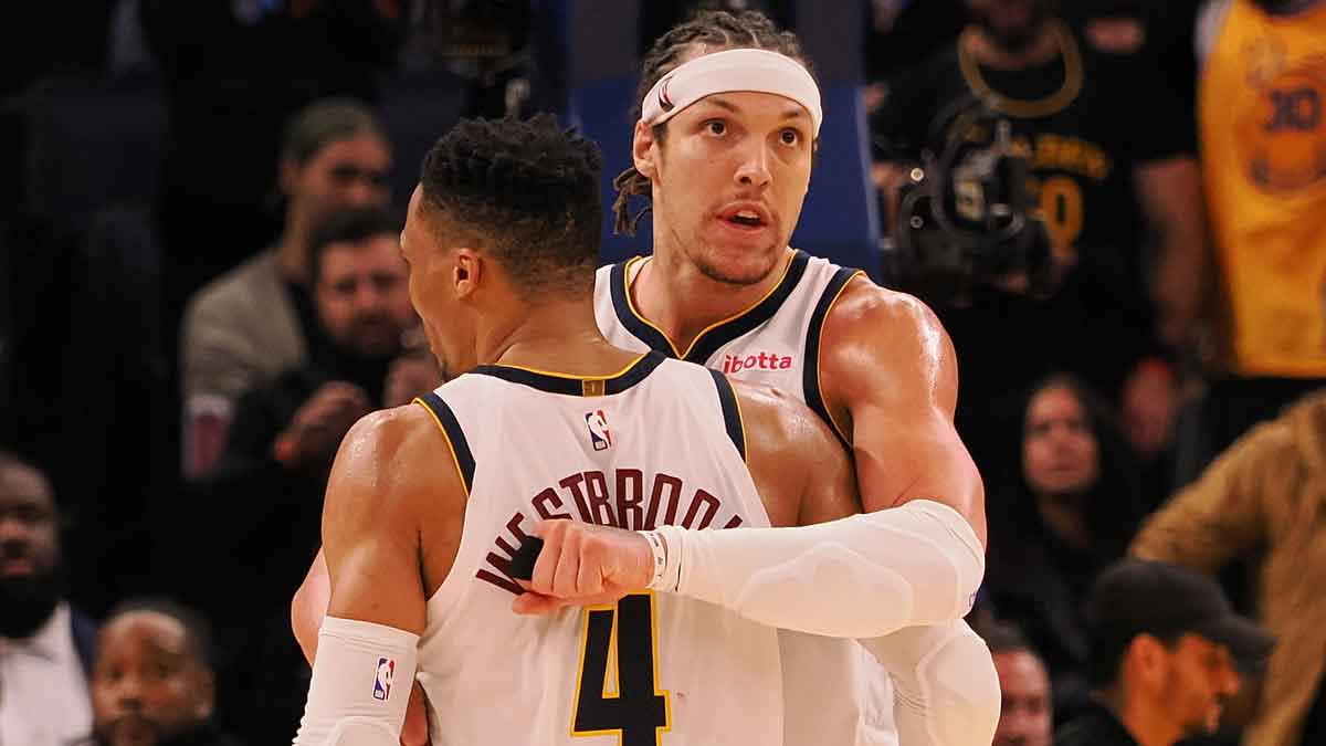 Denver Nuggets goalkeeper Russell Westbrook (4) and striker Aaron Gordon (32) tighten during the last seconds of the fourth quarter against the Golden State Warriors at the Chase Center.