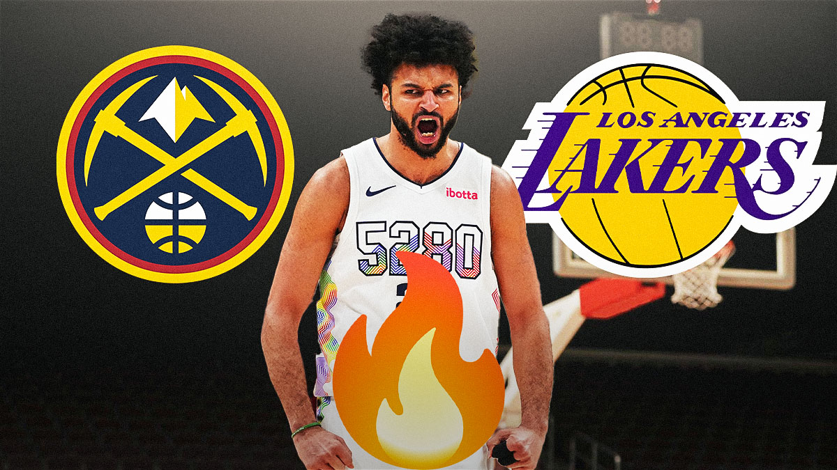 Jamal Murray, Denver Nuggets and LA Lakers logos, fire symbols