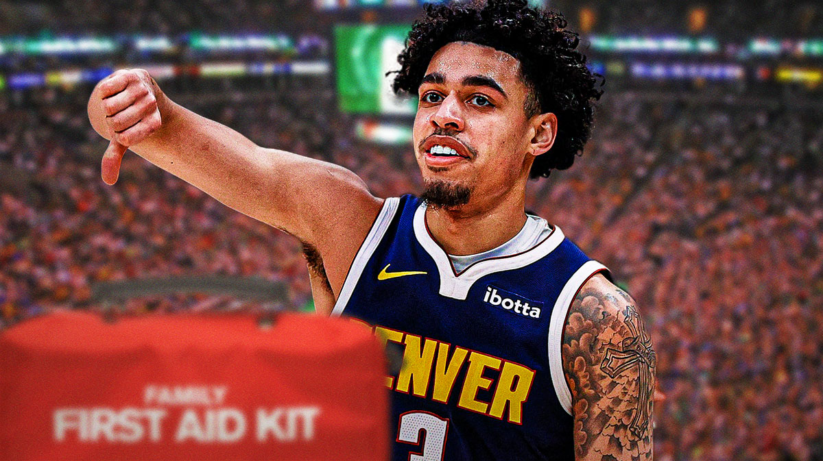 Nuggets' Julian Strawther with medical kit next to him, Celtics' TD Garden in back