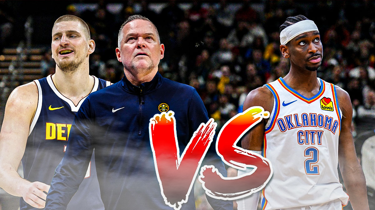 Nuggets Nikola Jokic and Michael Malone on one side, and Thunder guard Shai Gilgeous-Alexander on the other side. Have this "vs" graphic between them in the middle