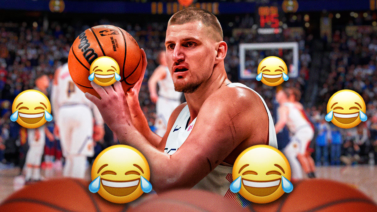 Denver Nuggets star Nikola Jokic in front of the Ball Arena.