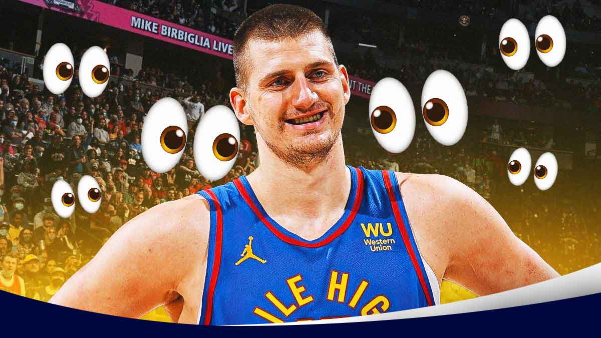 Featured Graphic idea: Image of Nuggets Nikola Jokic smiling with eyes emoji next to him