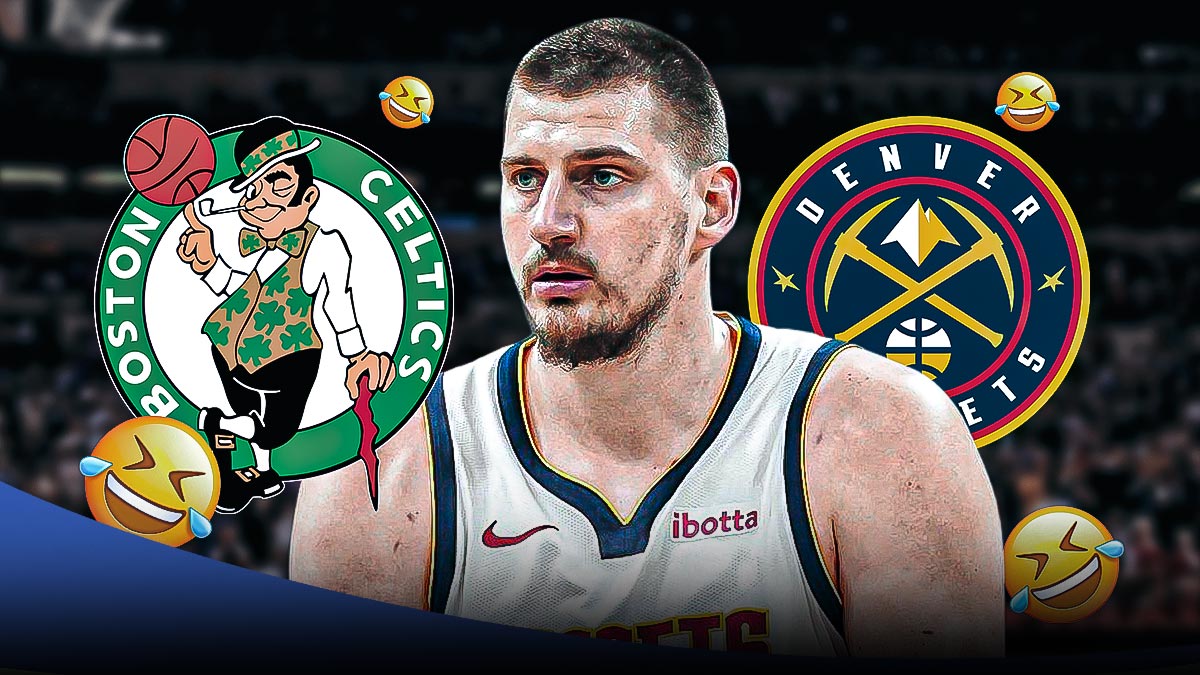 Nikola Jokic, Denver Nuggets and Boston Celtics logos, laughing symbols