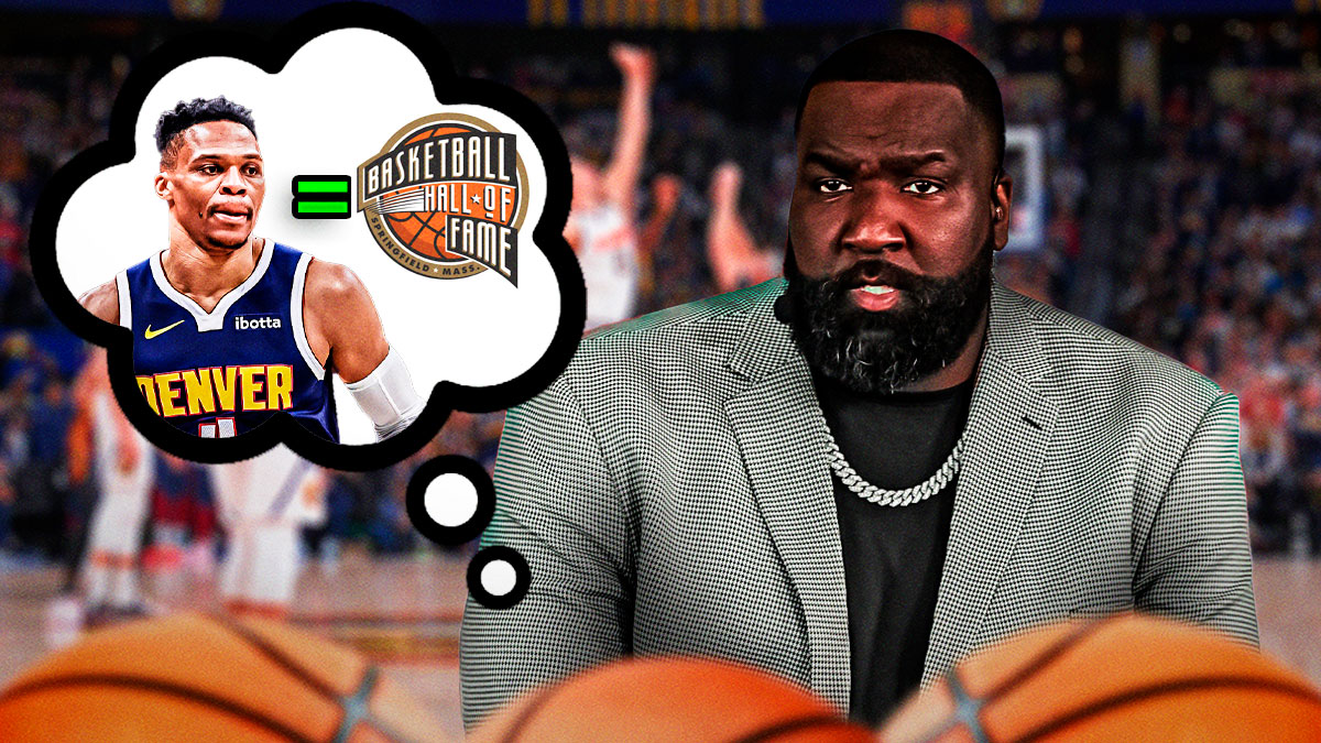 Kendrick Perkins with a thought bubble that has Russell Westbrook in it, and next to Westbrook is an equal sign. Next to the equal sign, is a picture of the NBA Hall of Fame