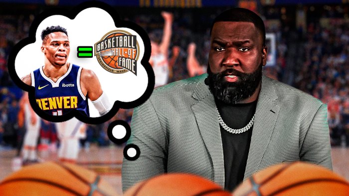 Kendrick Perkins with a thought bubble that has Russell Westbrook in it, and next to Westbrook is an equal sign. Next to the equal sign, is a picture of the NBA Hall of Fame