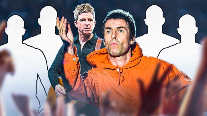 Oasis members Noel and lLiam Gallagher ahead of their 2025 reunion tour with silhouettes of the band members named in the lineup leak.