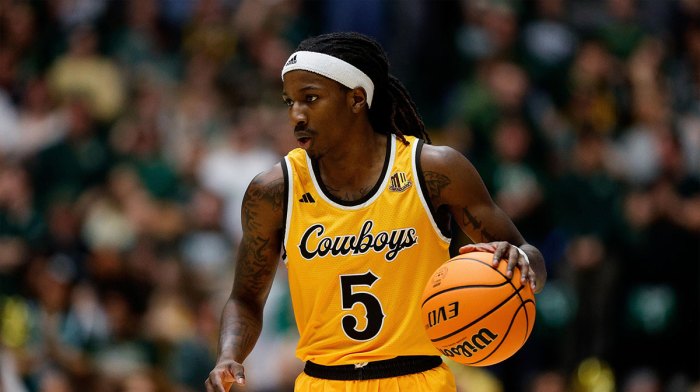 Wyoming Cowboys guard Obi Agbim (5) dribbles the ball up court in the first half against the Colorado State Rams at Moby Arena.