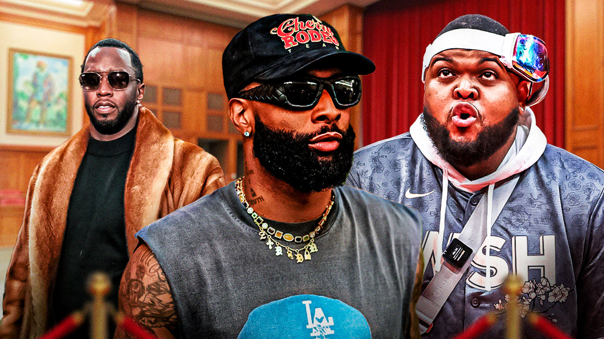 Odell Beckham Jr and Druski next to Diddy after having allegations against them in a recent lawsuit from October 2024 with courtroom background.