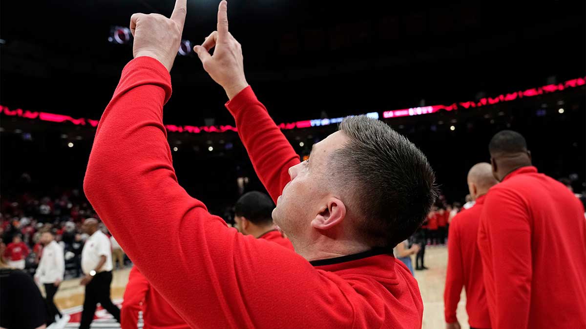 Ohio State Buckeyes head coach Jake Diebler reacts following the second overtime of the NCAA men's basketball game against the Nebraska Cornhuskers at Value City Arena in Columbus on March 4, 2025. Ohio State won 116-114.