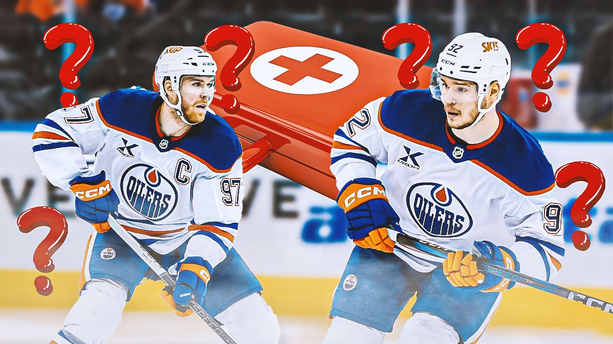 Question marks around Oilers players Leon Draisaitl and Connor McDavid and red first aid kits