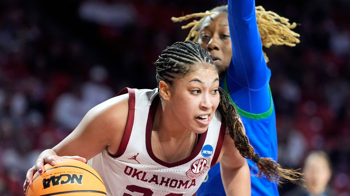 Oklahoma's Skylar Vann (24) drives to the basket during second half of the first round of the NCAA Women's college basketball game between University of Oklahoma Sooners and Florida Gulf Coast at the Lloyd Noble Center in Norman, Okla., Saturday, March, 22, 2025.