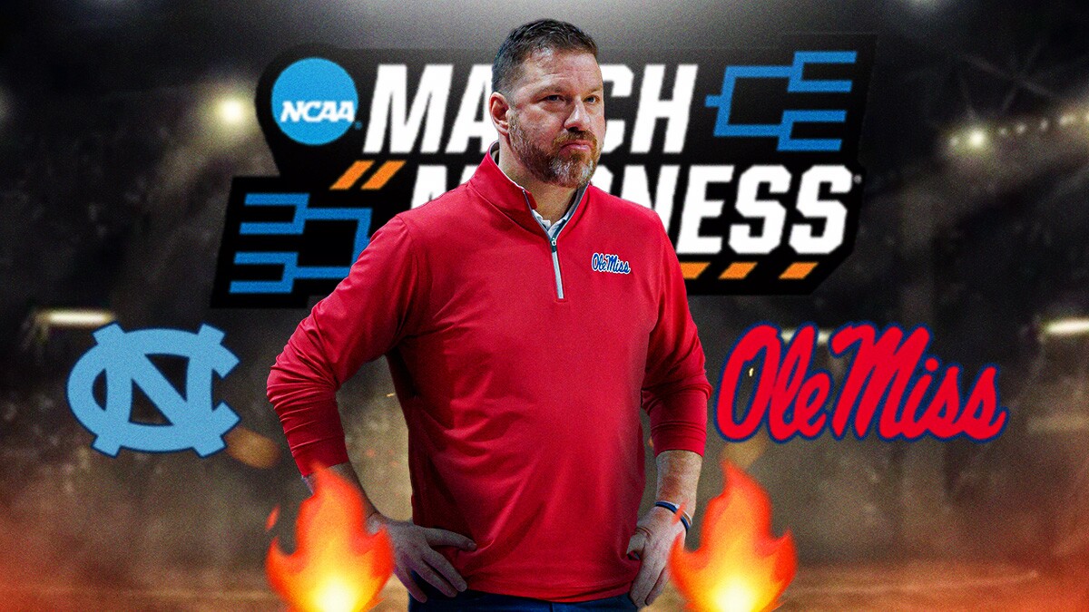 Chris Beard, Ole Miss and North Carolina logos, NCAA Tournament logo in background, fire symbols