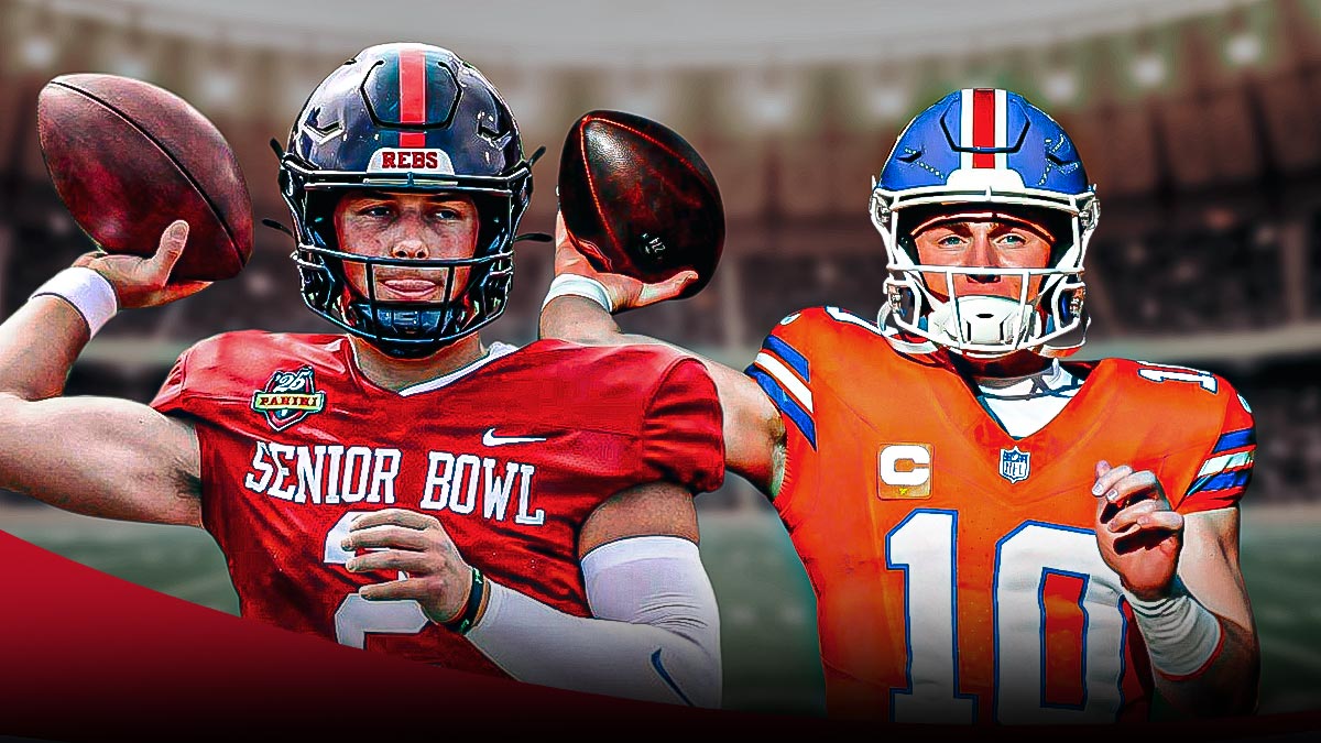 Jaxson Dart in Ole Miss uniform throwing next to Bo Nix in a Denver Broncos uniform throwing as dart earned nix comparisons during the combine as the ex ole miss quarterback prepares for the nfl draft.