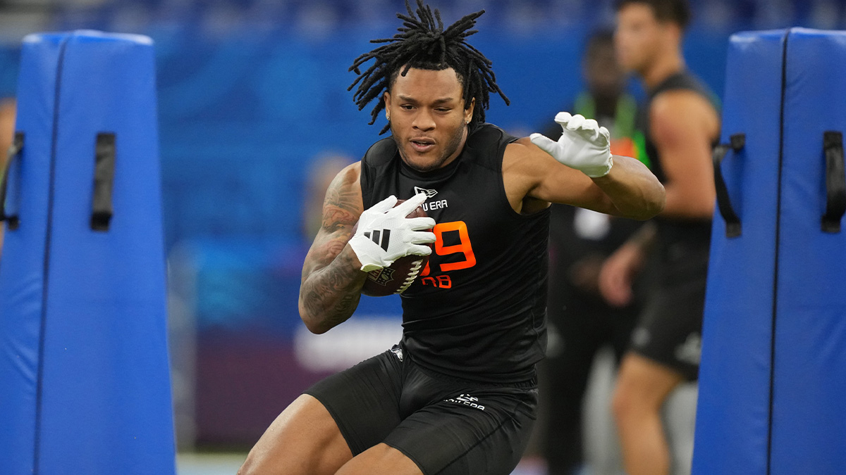 North Carolina running back Omarion Hampton (RB09) during the 2025 NFL Combine at Lucas Oil Stadium.