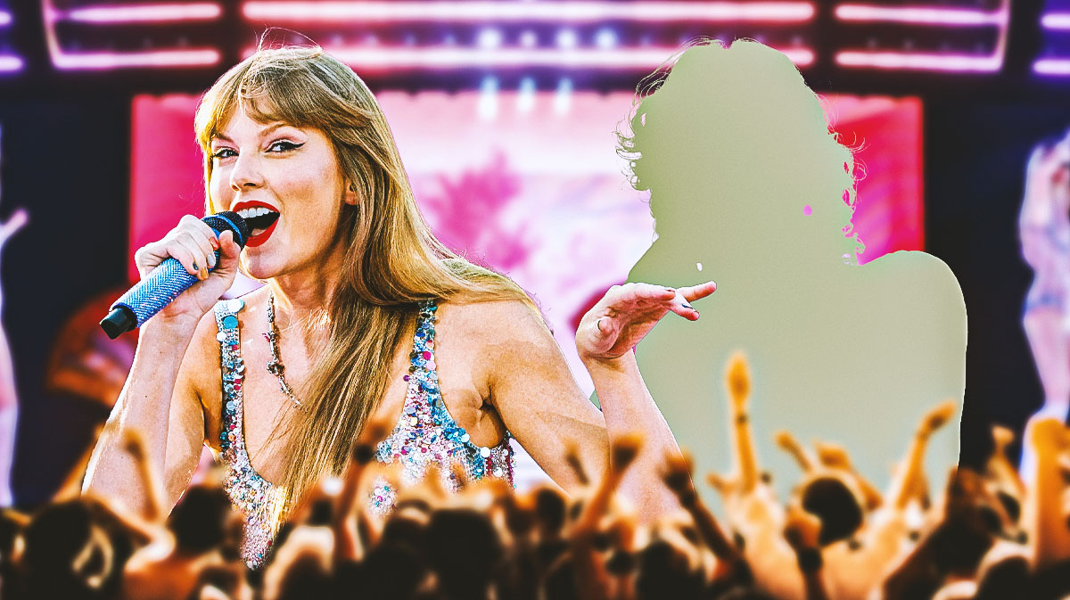 Taylor Swift and one of her Eras Tour openers Benson Boone as a silhouette with stage background.