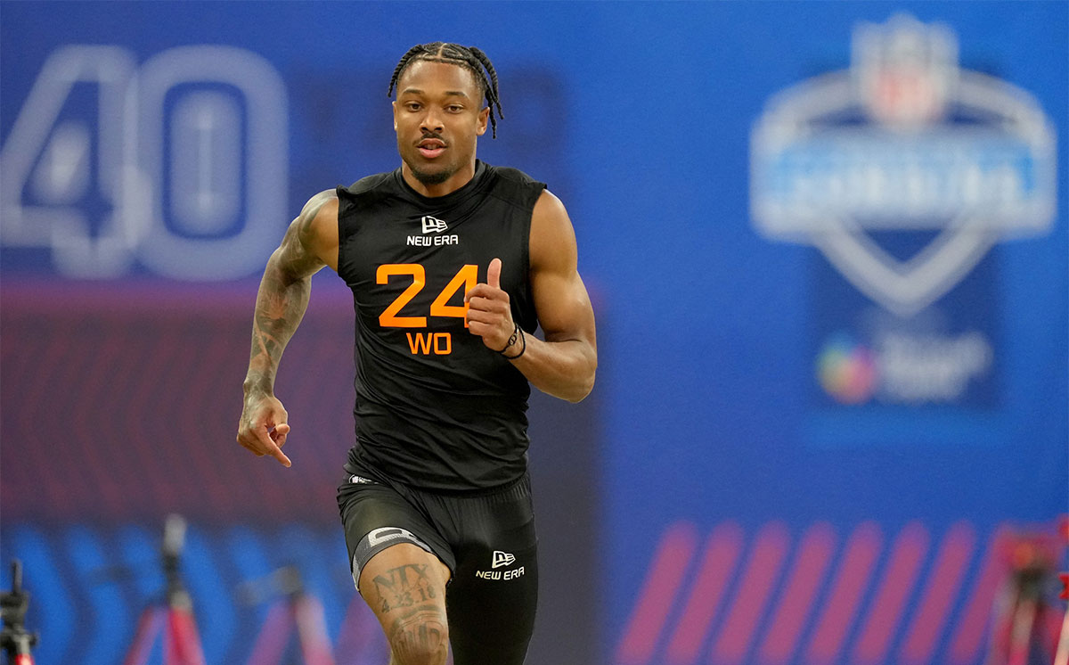 Oregon wideout Tez Johnson (WO24) during the 2025 NFL Combine at Lucas Oil Stadium.